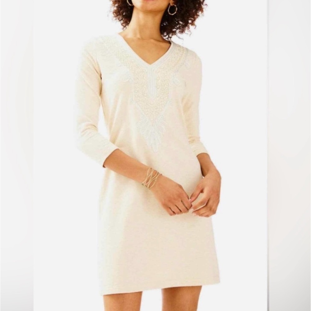 Lilly Pulitzer Clarkson Oatmeal Beige Embroidered Long Sleeve Shift Dress XS EUC